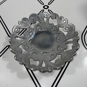 Ornate Cast Pewter Decorative Bowl/Tray Scroll Design Vintage‎ Centerpiece